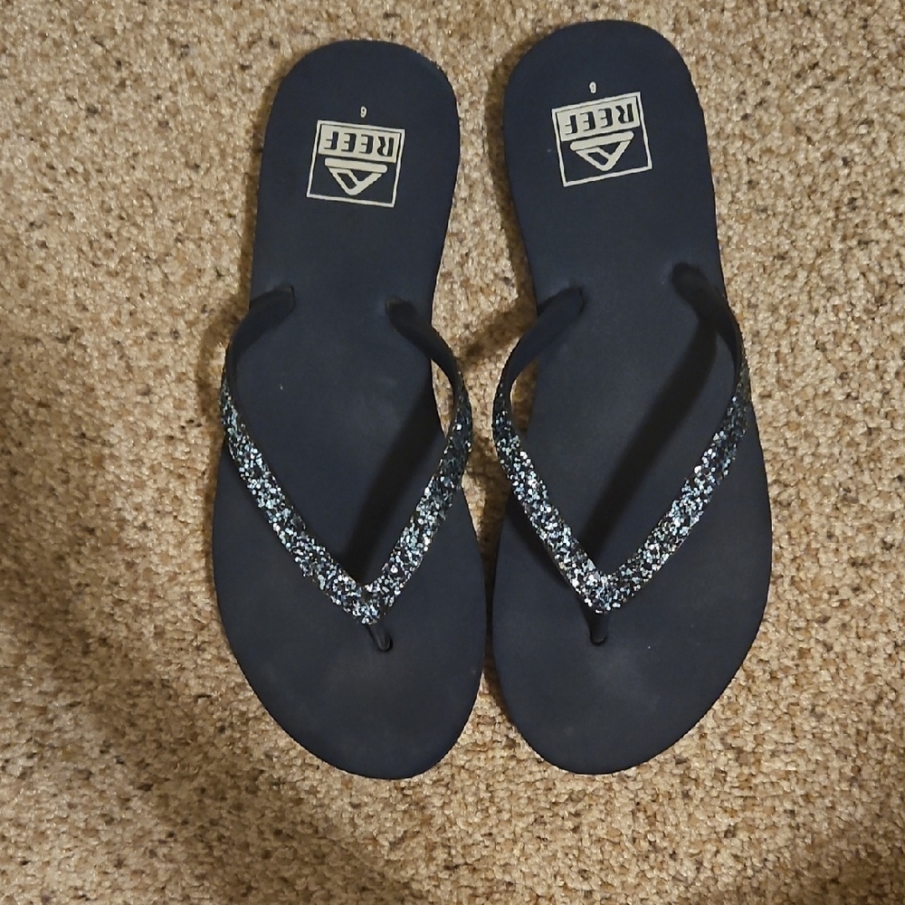 Reef Women's Blue Flip Flops with Silver Glitter Straps